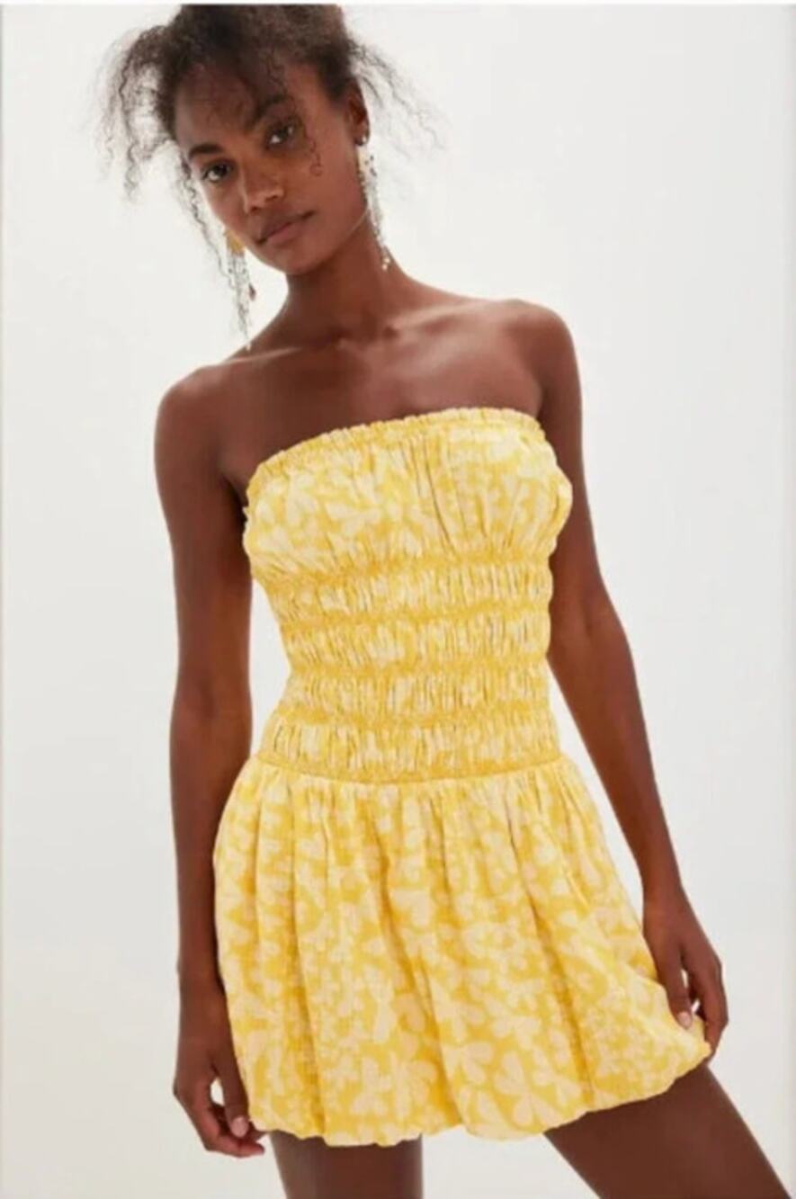 Free People Annalise Mini Dress Bubble Hem Yellow Floral Beach Ball Combo